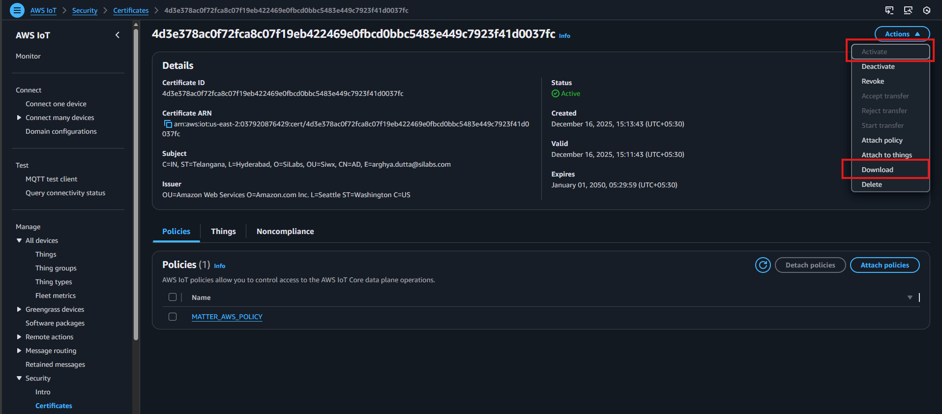 Activate and Download Certificate