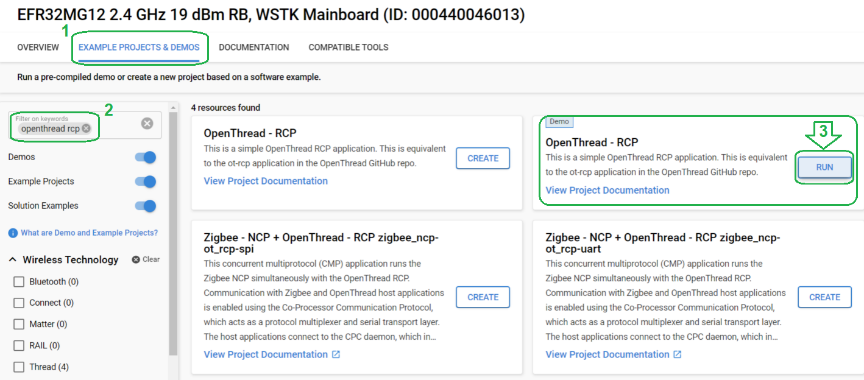 Example projects and demos view