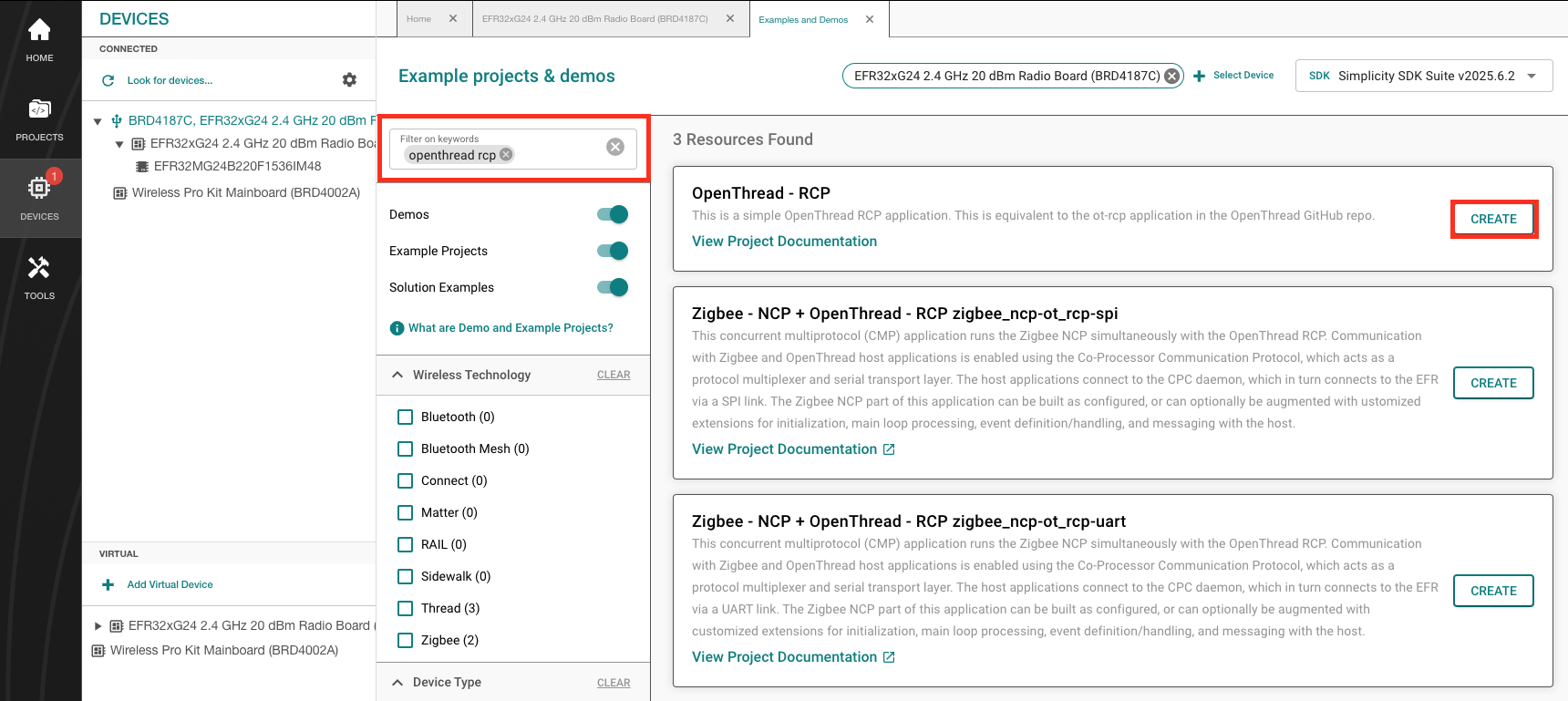 Example projects and demos view