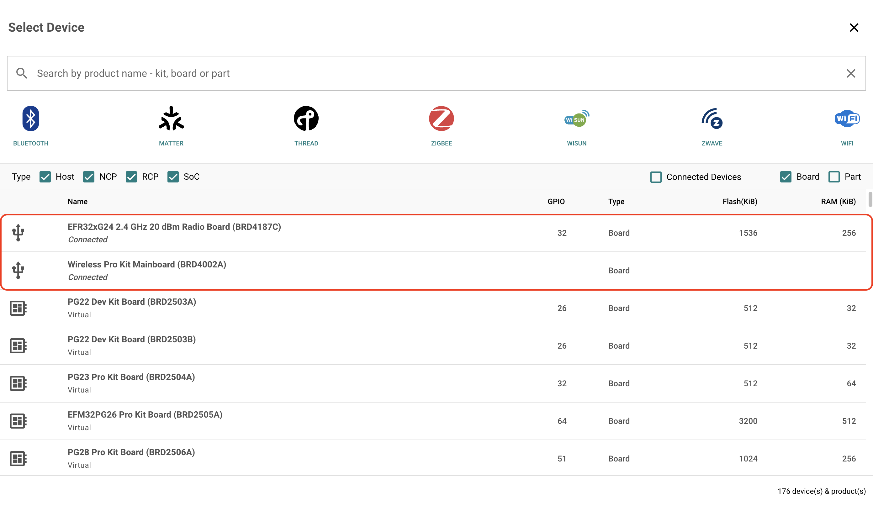 Simplicity Studio Select Device