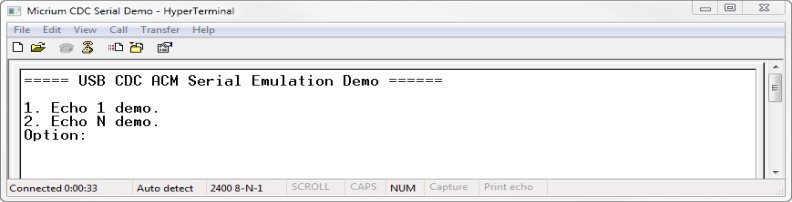 Figure 7 CDC Serial Demo Menu in HyperTerminal