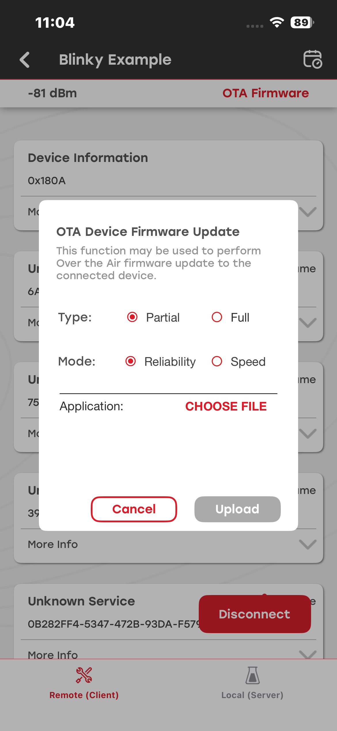 OTA popup menu