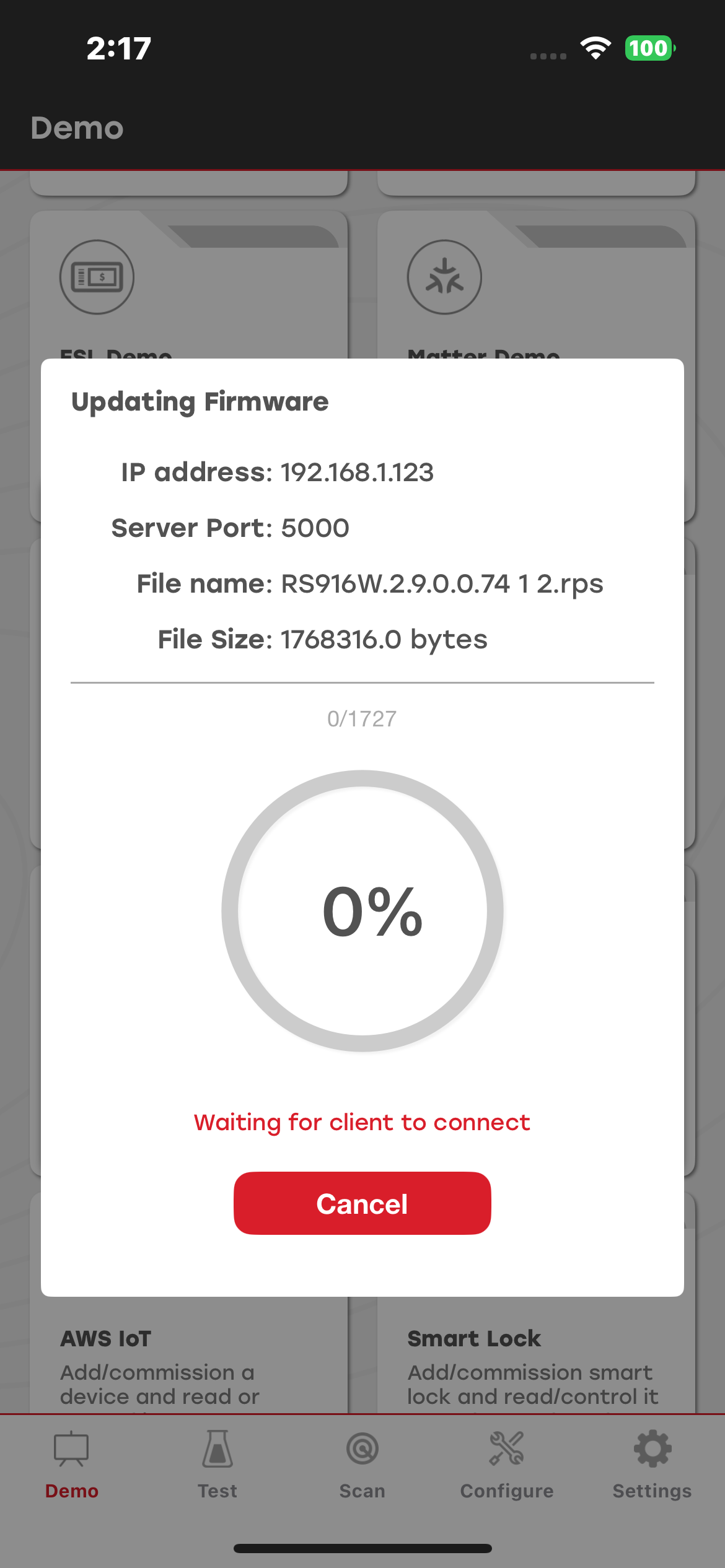 Waiting for client to connect message