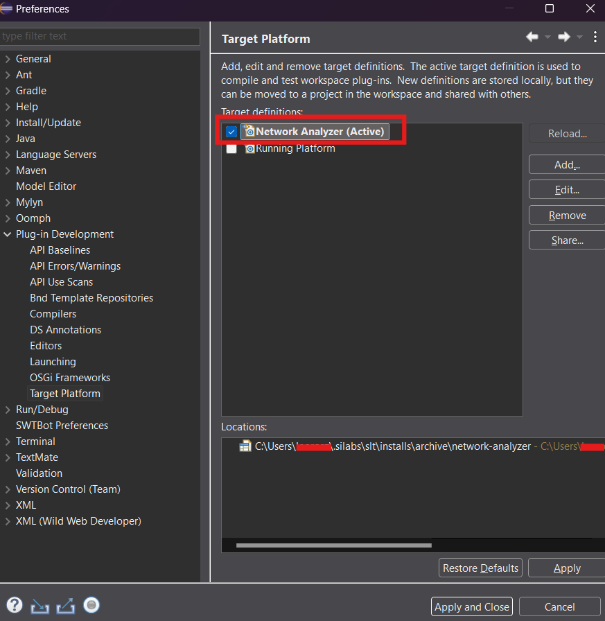 Activate the Network Analyzer target platform