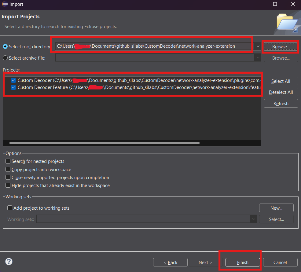 Select the Network Analyzer extension project