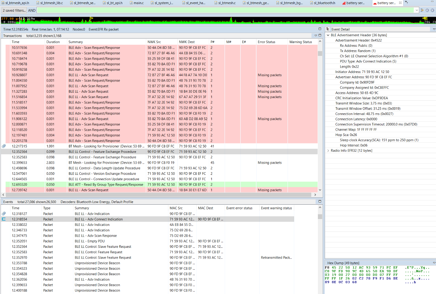 The Event panes display