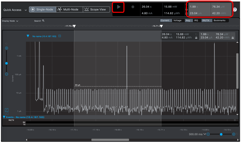 Energy profiler capture on a node operating in EM2 (deep sleep) mode for a given interval