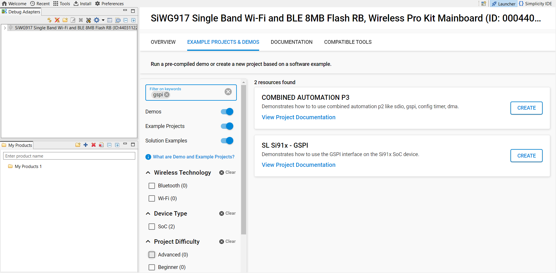 GSPI Example Selection in Simplicity Studio