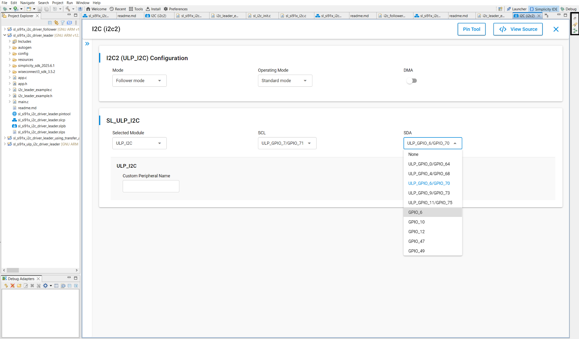 Pins for I2C0 and I2C1