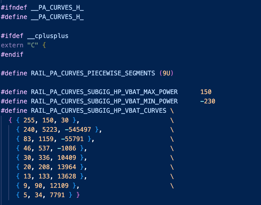 Example of subGHz curve in sl_rail_util_pa_curves.h file for EFR32xG23