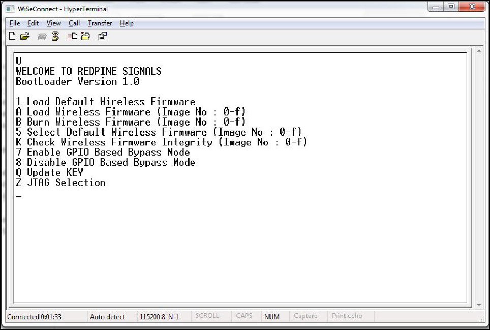 RS9116-WiSeConnect Module UART / USB-CDC Welcome Message