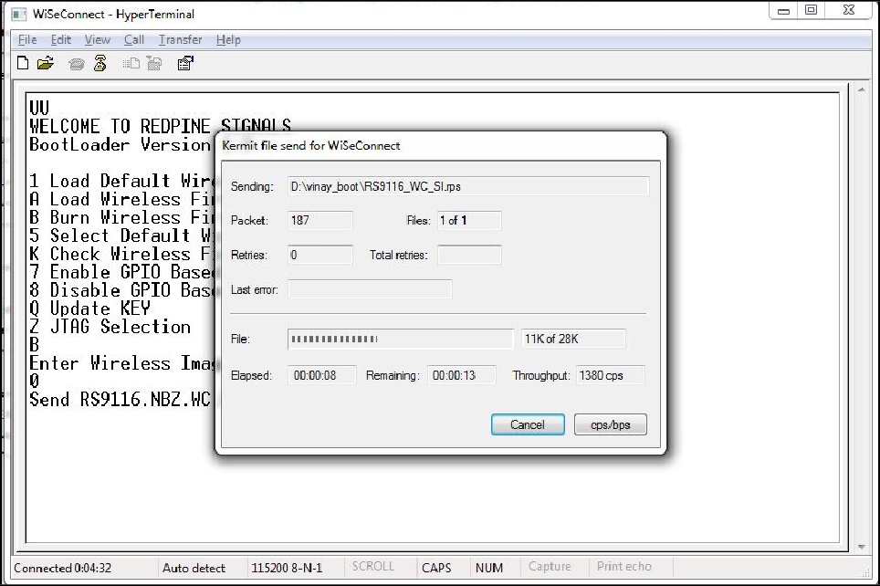 RS9116-WiSeConnect Module Firmware update File Transfer Message