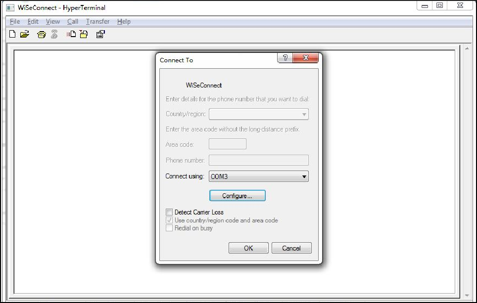 HyperTerminal COM Port Field Configuration