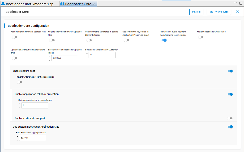 Bootloader Core configuration for ECDSA-P256-SHA256 Secure Boot