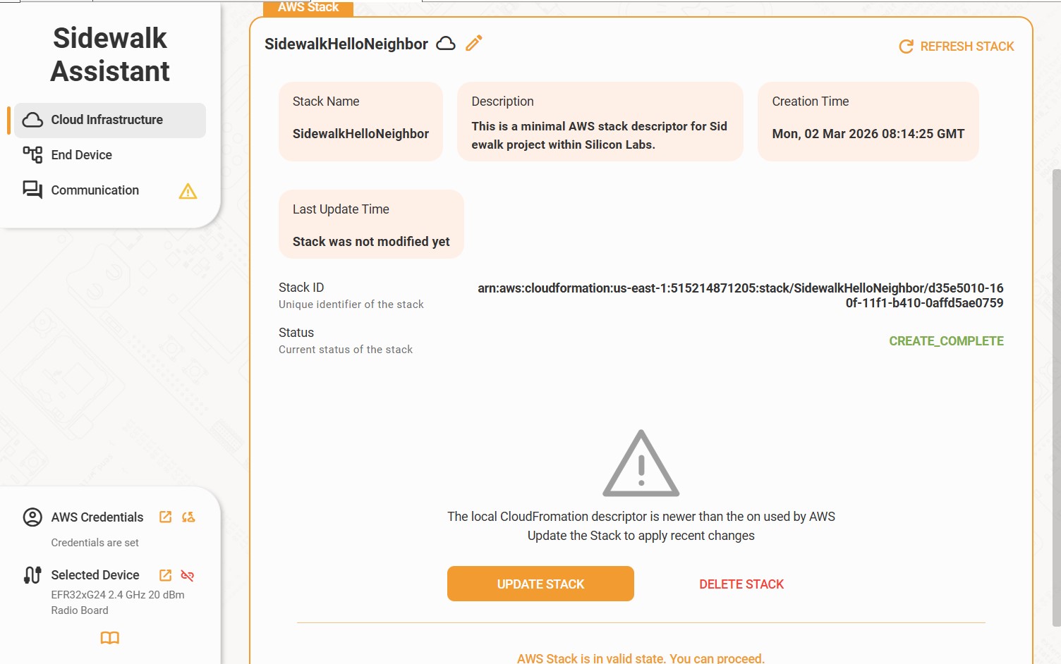 Sidewalk Assistant AWS Cloud stack deployed