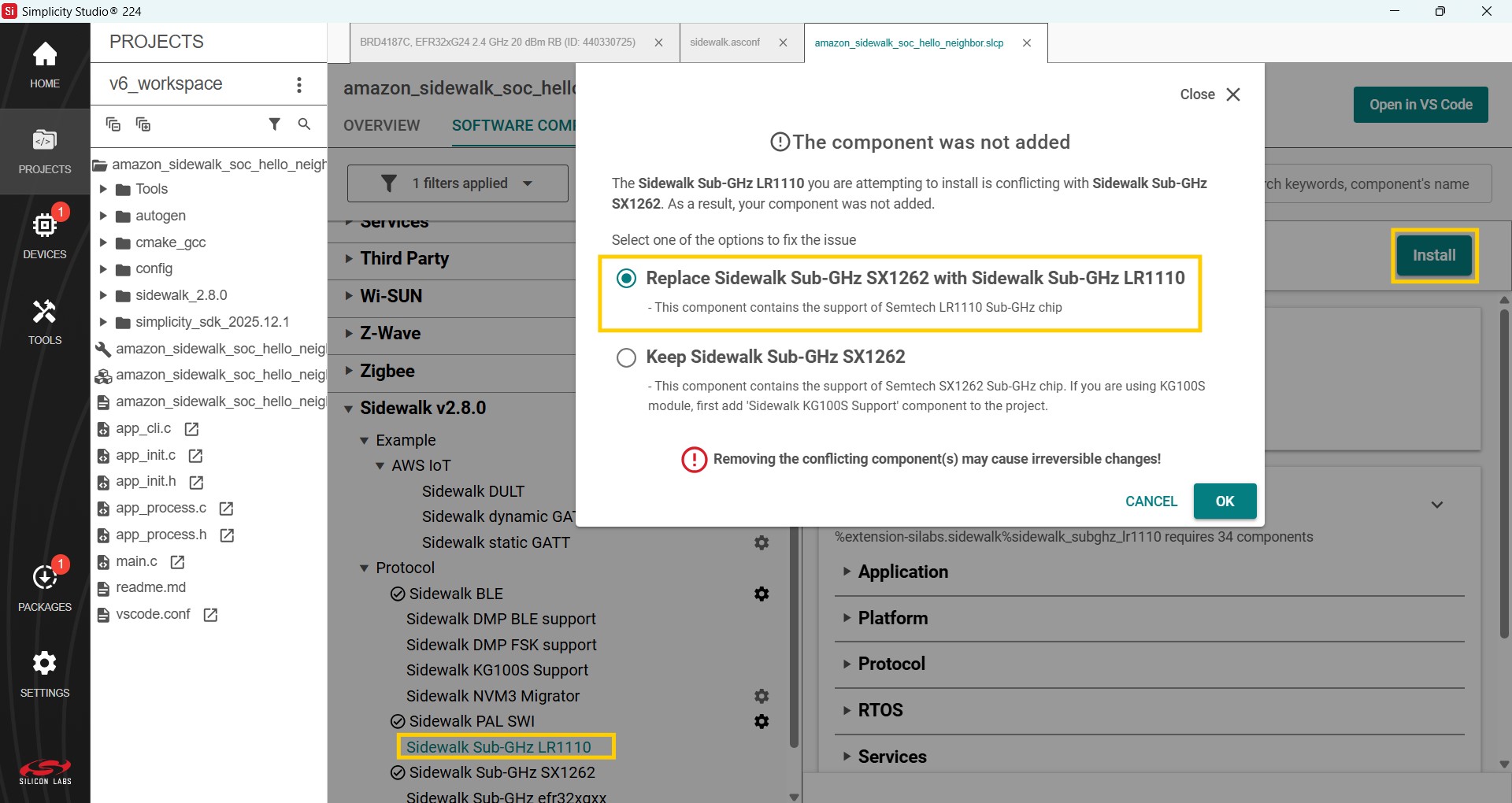 Install Amazon Sidewalk Sub-GHz LR1110 software component