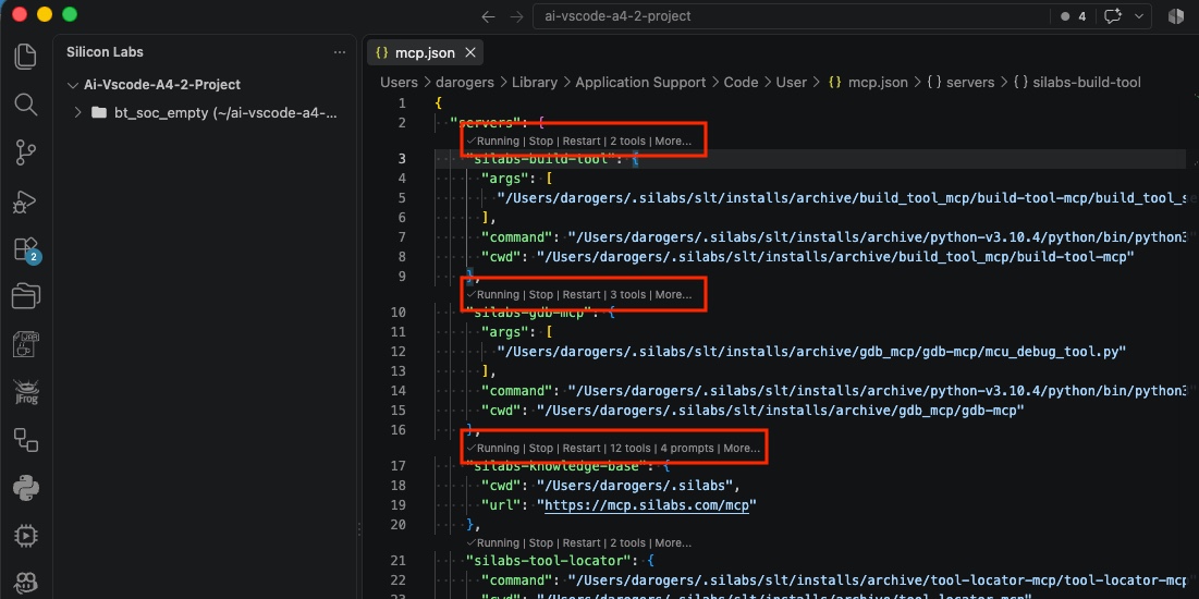 Start control for an MCP server in mcp.json