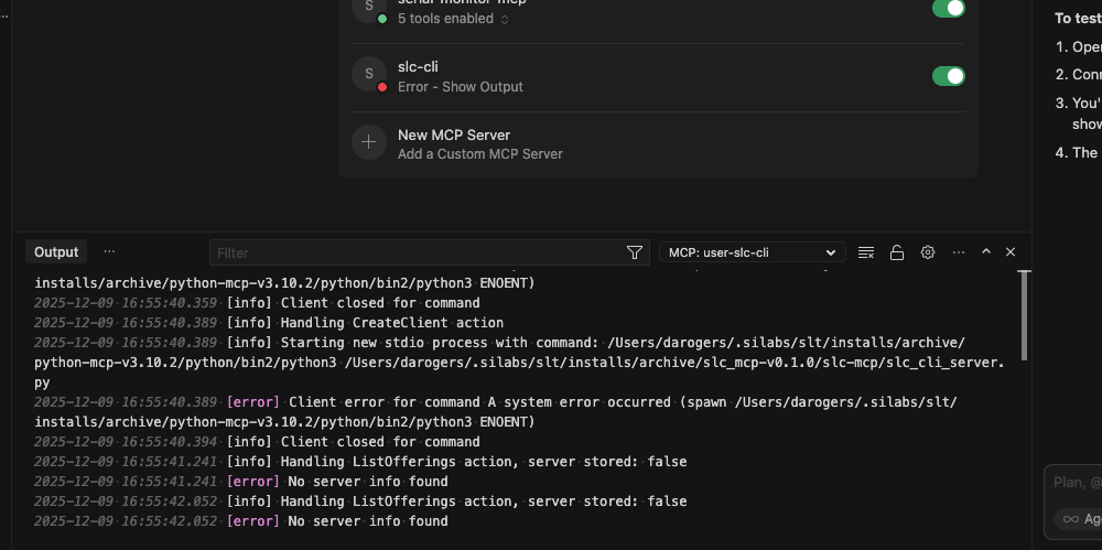Cursor MCP error output