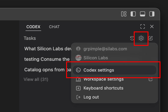 Codex Settings in the Codex chat window