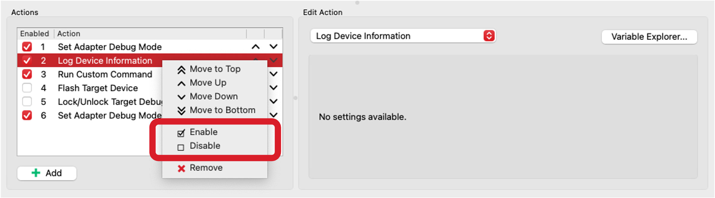 Enable/Disable Actions