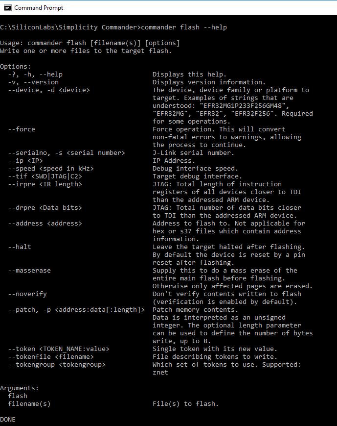 Simplicity Commander Flash Command Help
