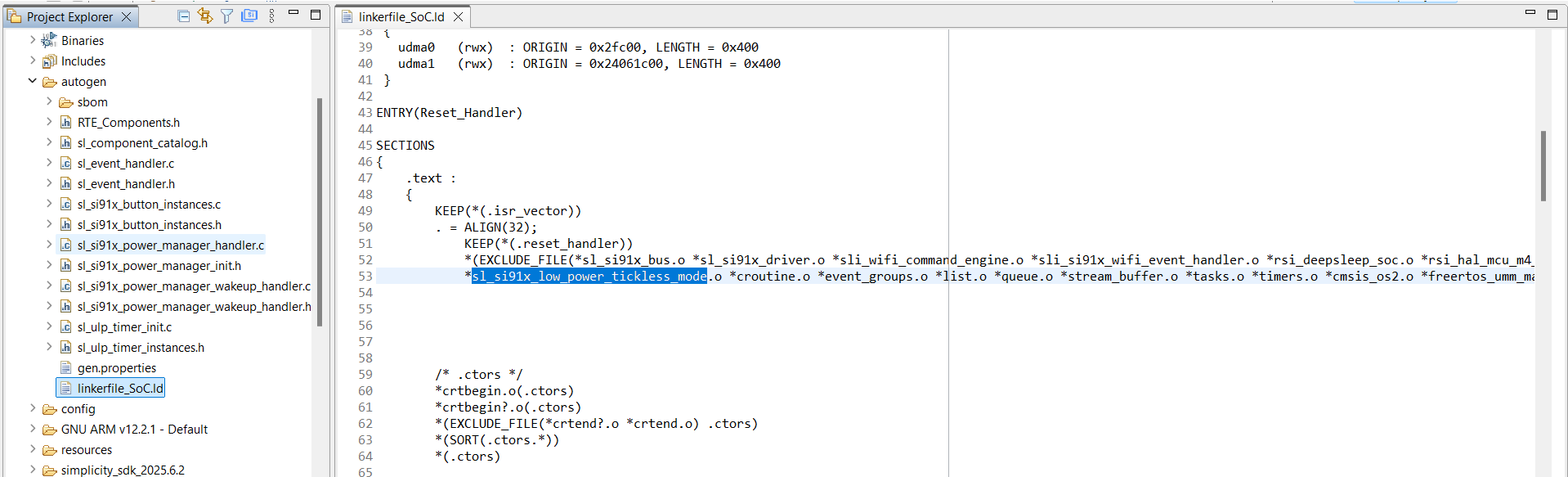 SiWG917 Linker file modifications in .text section