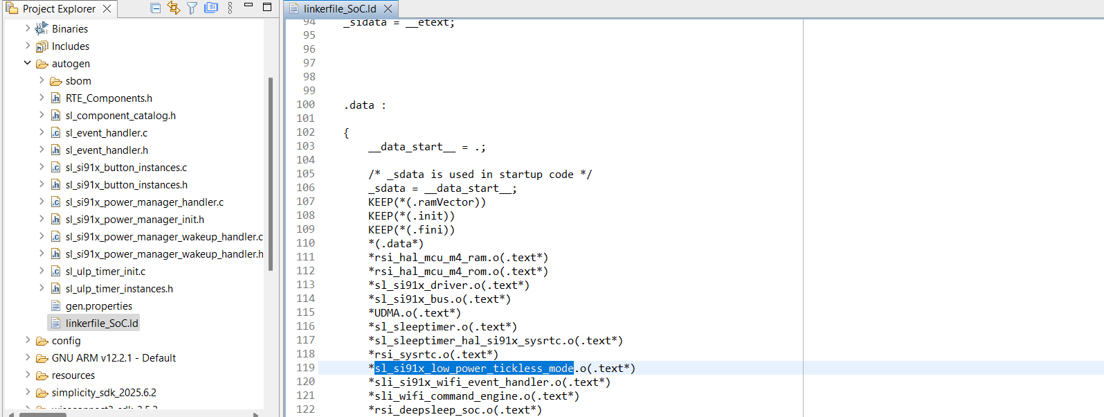 SiWG917 Linker file modifications in .data section