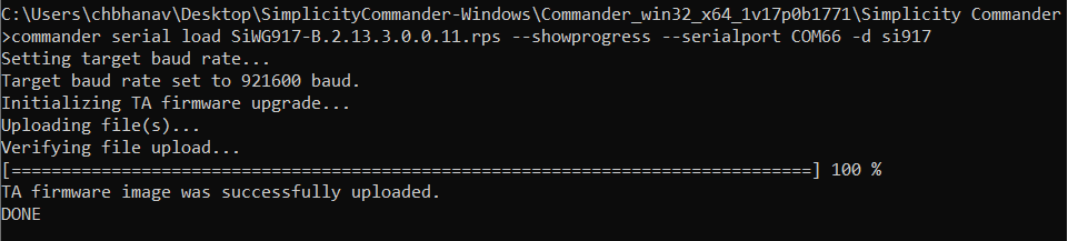 Commander CLI command to load firmware via serial port