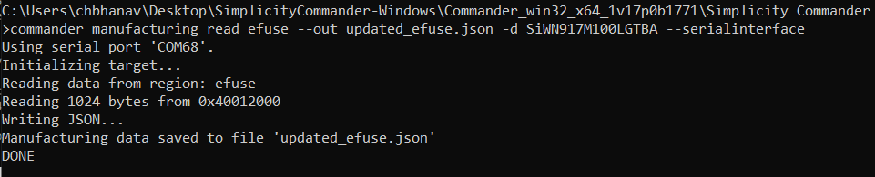 Commander CLI command to read updated eFuse in JSON format