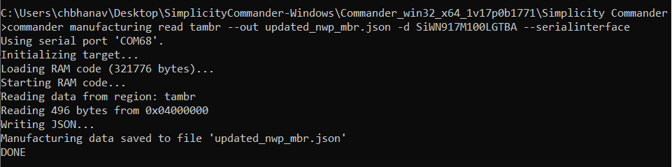 Commander CLI command to read updated MBR in JSON format