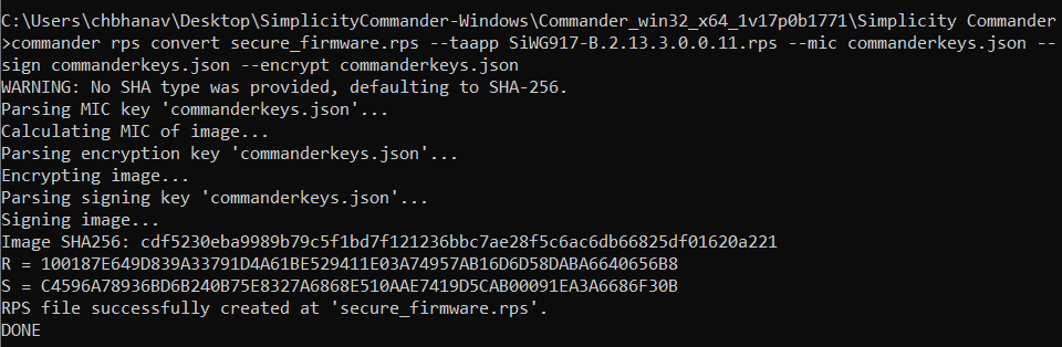 Commander CLI commands to secure NWP firmware