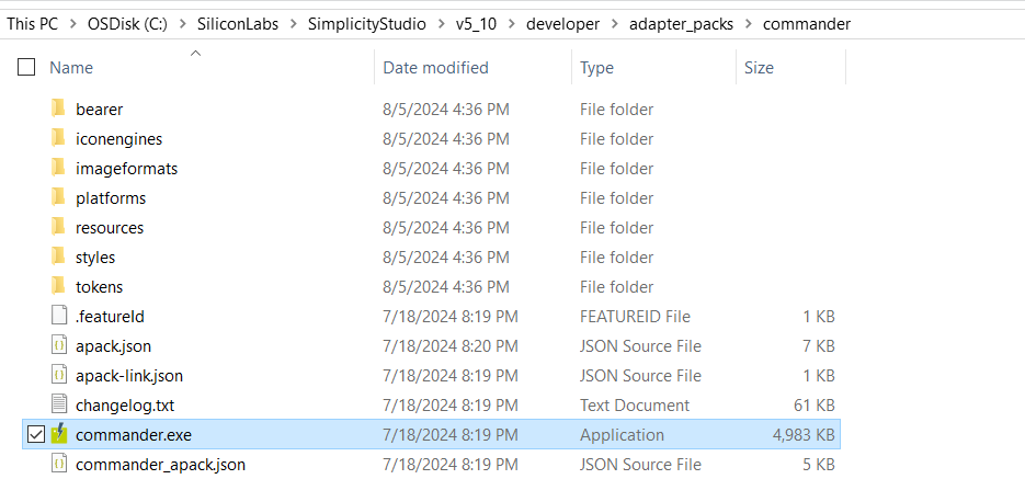 Simplicity Commander File in the Simplicity Studio IDE Installation Directory
