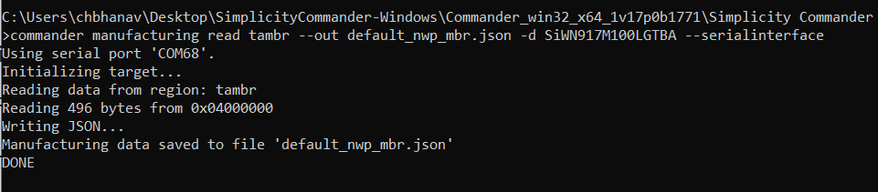 Commander CLI command to read NWP MBR in JSON format