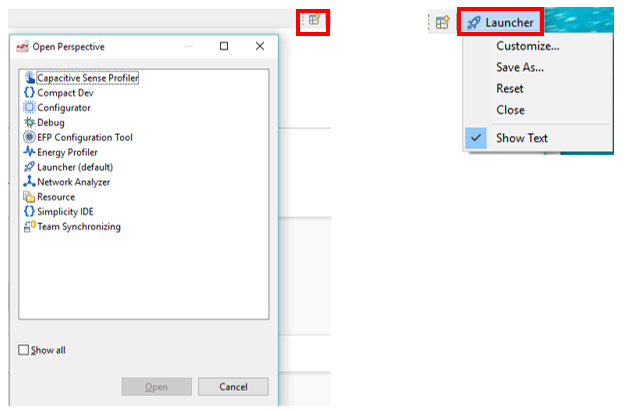 The list of perspectives on the left and the launcher context menu on the right