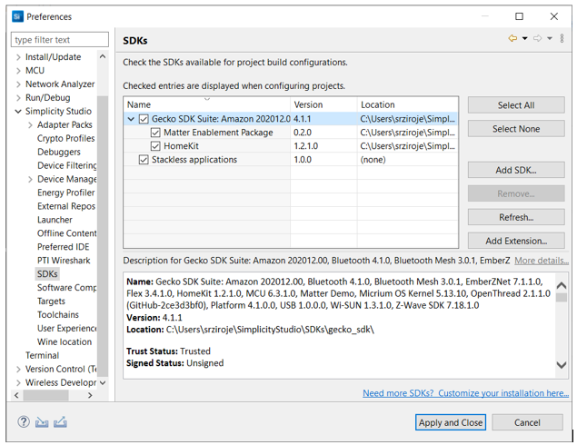 SDK list in Preferences