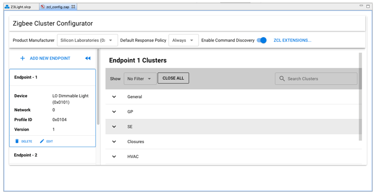 Zigbee Cluster Configurator opening tab with one endpoint
