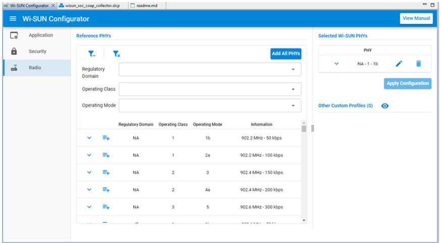 Wi-SUN configurator application panel