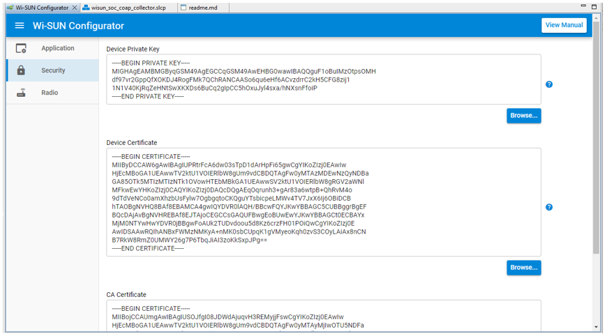 Wi-SUN configurator application panel