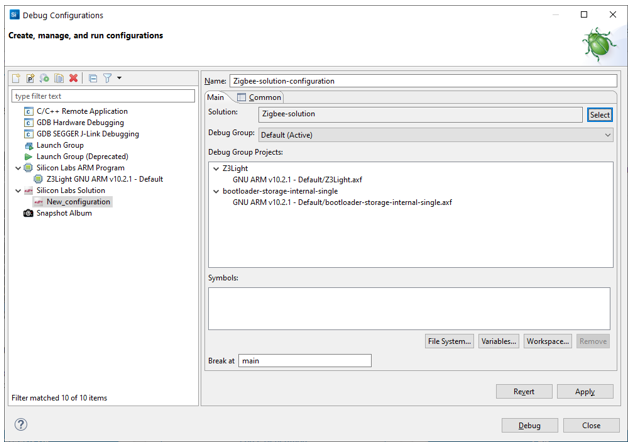 New Solution Debug configuration, Main tab