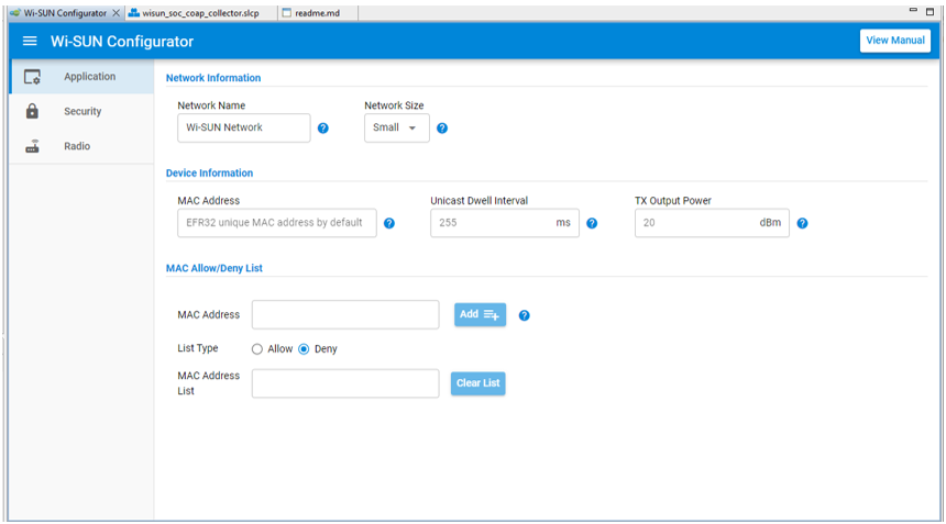 Wi-SUN configurator application panel