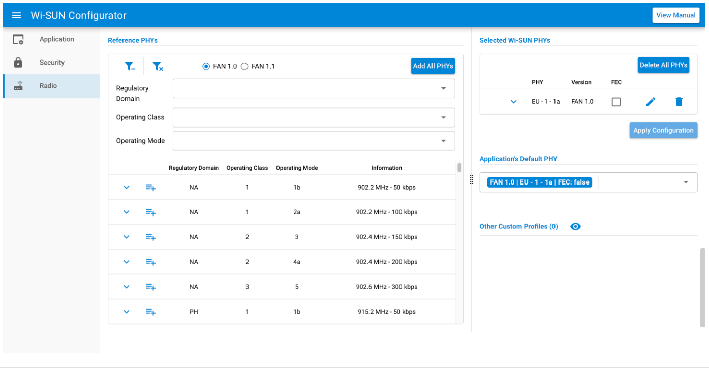 Wi-SUN configurator radio panel