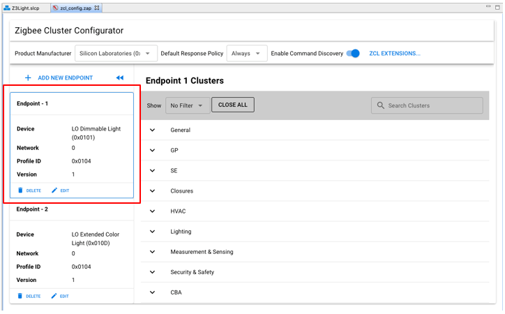 Zigbee Cluster Configurator with endpoint selected