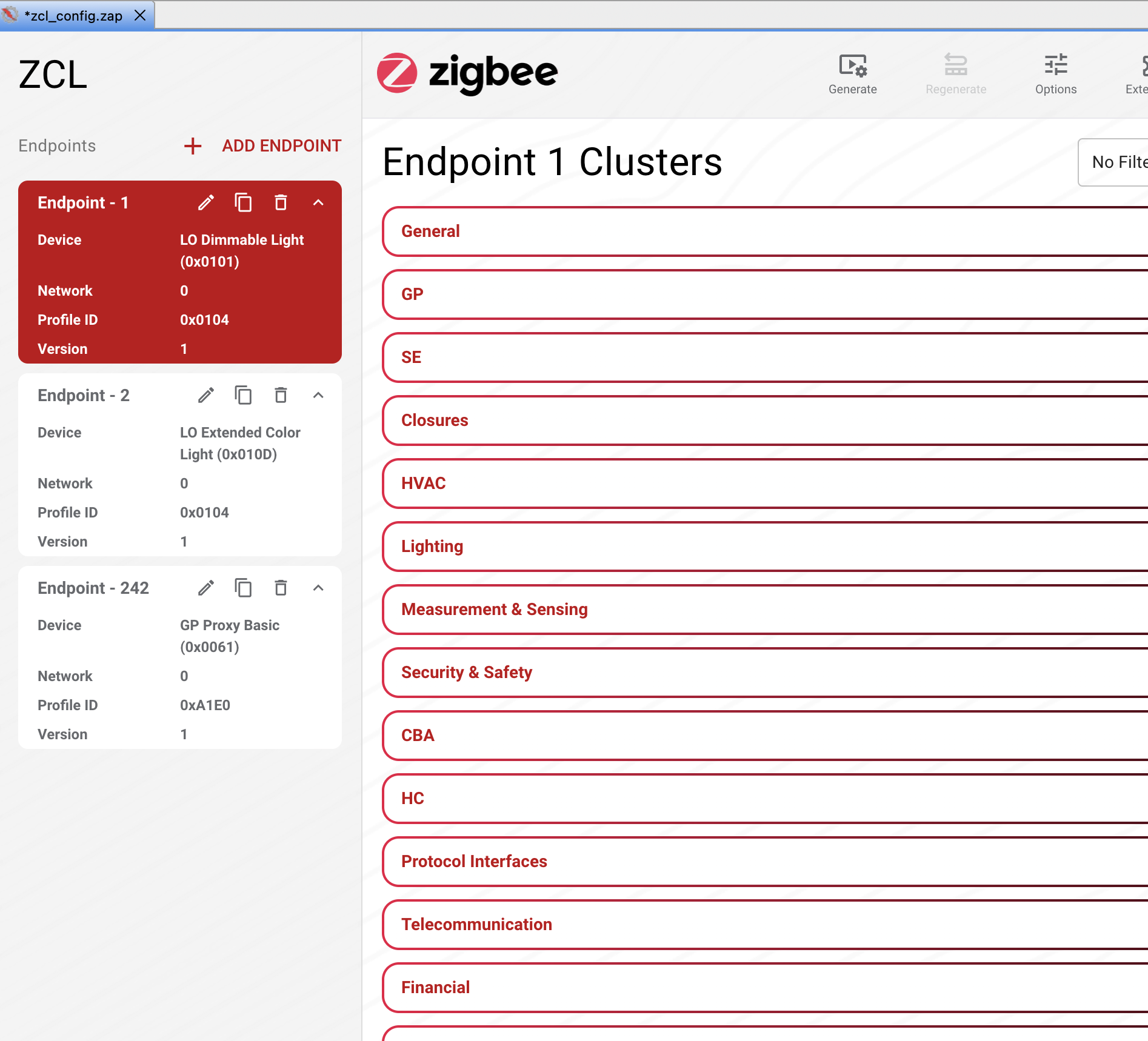 Zigbee Cluster Configurator with endpoint selected