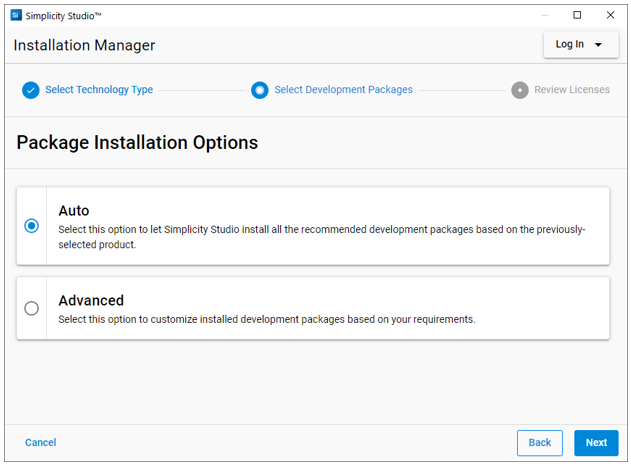 Package installation options dialog with Auto selected