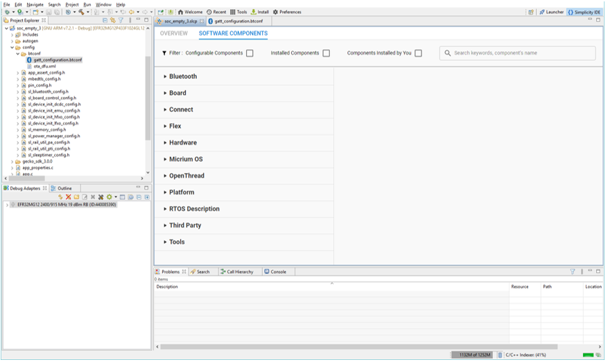 Project Configurator with Software Components tab open