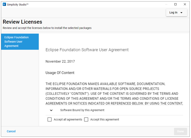 Review Licenses Dialog showing the Eclipse Foundation Software User Agreement