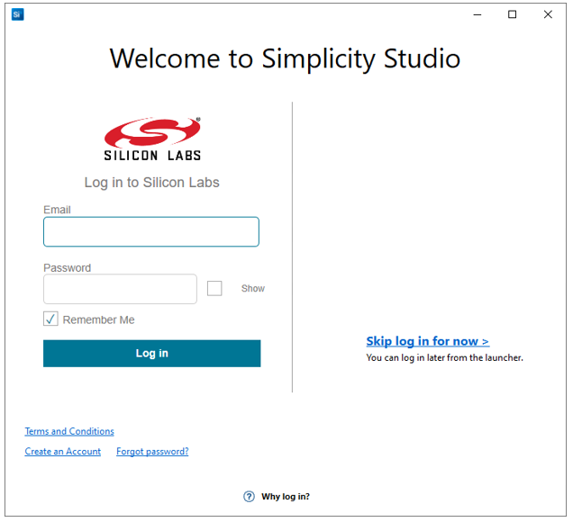 Welcome to Simplicity Studio log in dialog