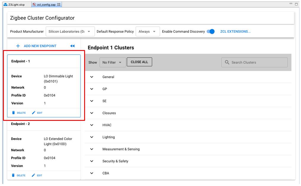 Zigbee Cluster Configurator with an endpoint selected