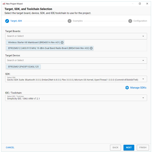 Target, SDK, and Toolchain selection dialog, with the default GNU ARM toolchain