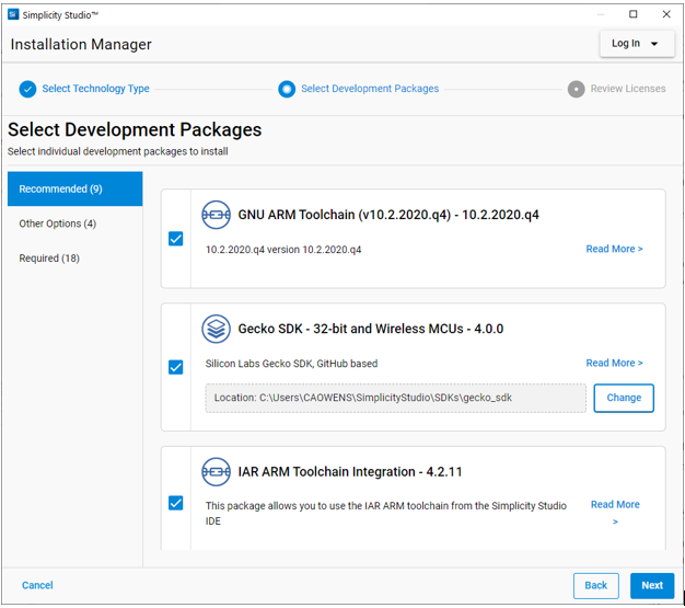Select Development Packages dialog with all recommended packages selected